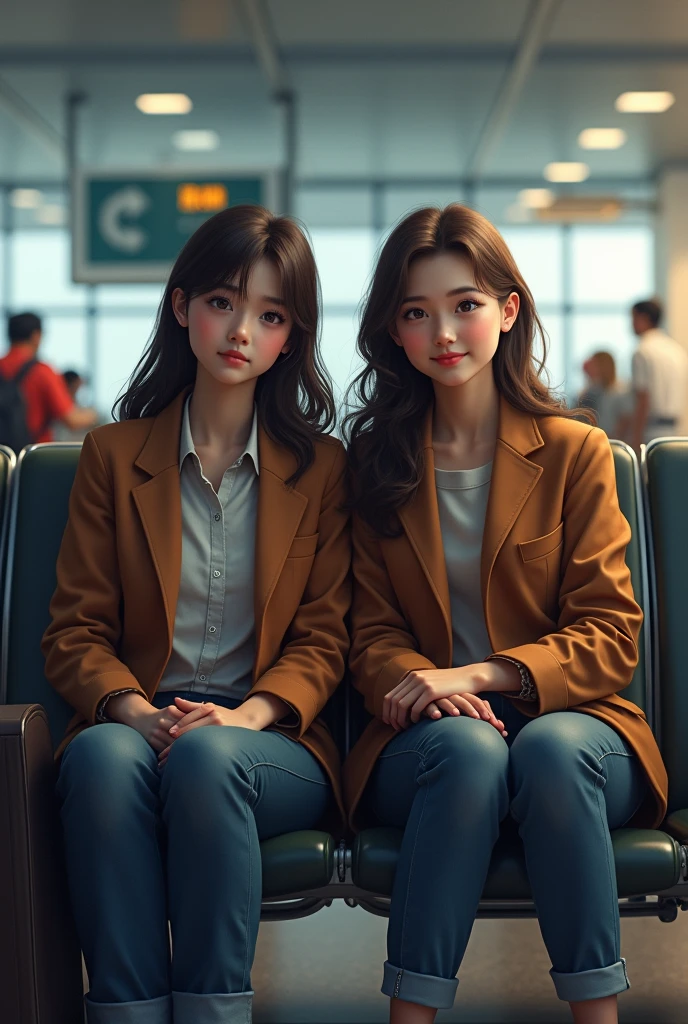 Realistic image of two people sitting in an airport, One is sad and the other is happy