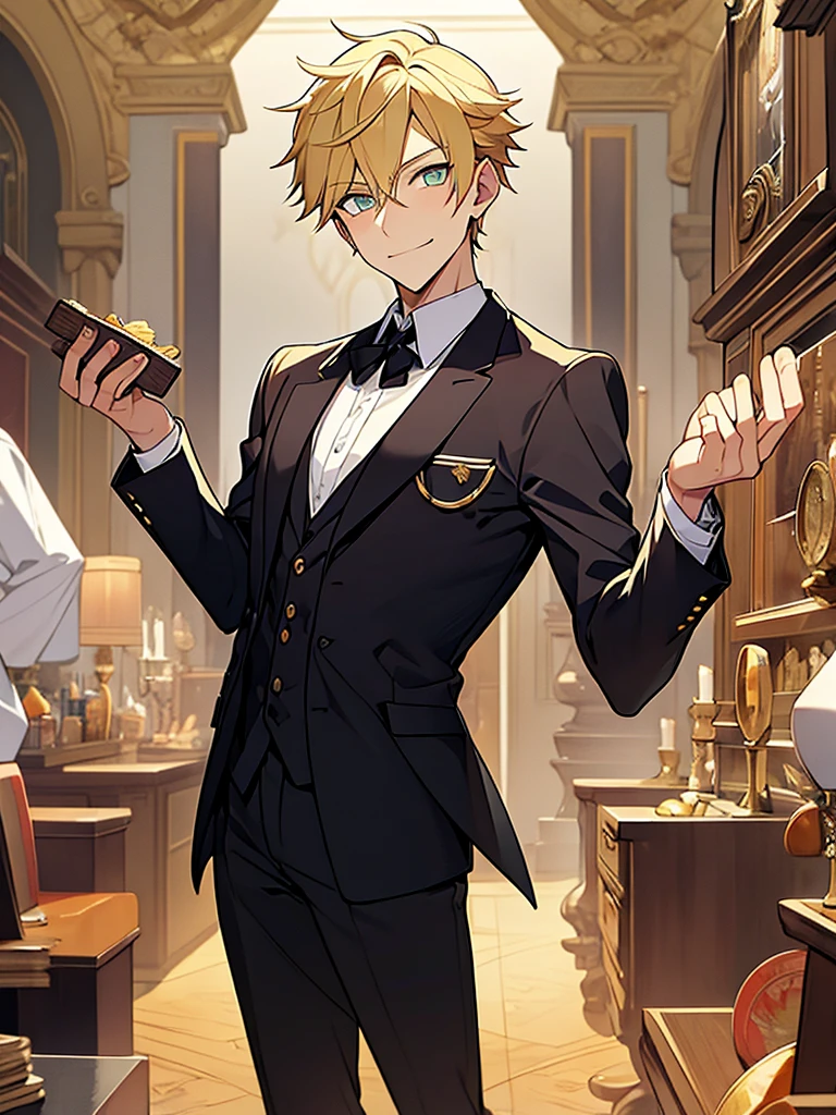 A boy, blond, with vibrant amber eyes, having a thin beard, a sarcastic smiling woman, wearing clothes, having a semi-suit or formal style exotic anime. he is messing with some coins. Elegant and at the same time a con artist