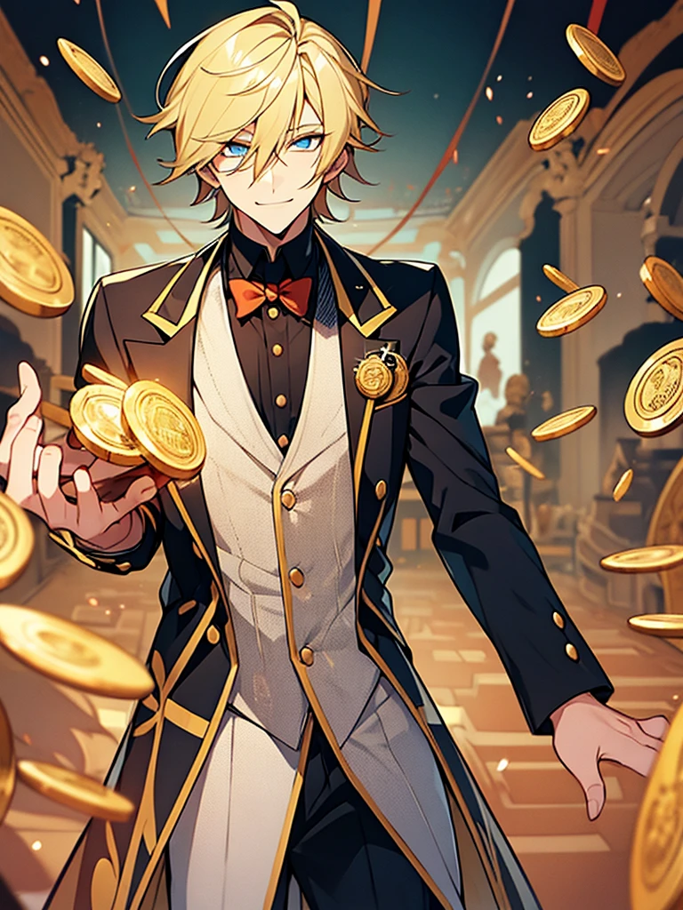 A boy, blond, with vibrant amber eyes, having a thin beard, a sarcastic smiling woman, wearing clothes, having a semi-suit or formal style exotic anime. he is messing with some coins. Elegant and at the same time a con artist