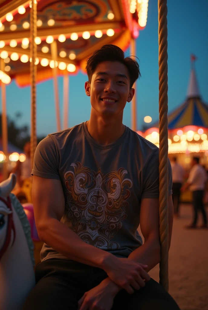 photorealistic, best quality, masterpiece, extremely detailed, sexy, homoerotic, extremely handsome, youthful good looks, 25 year old vietnamese man, very muscular bodybuilder, fitted graphic print tshirt, tight jeans, big smile, happy, sitting on carousel horse merrygoround, at funfair carnival, at midnight, ambient lighting, dramatic shadows, extremely romantic atmosphere, perfect face, perfect fingers, perfect hands, perfection