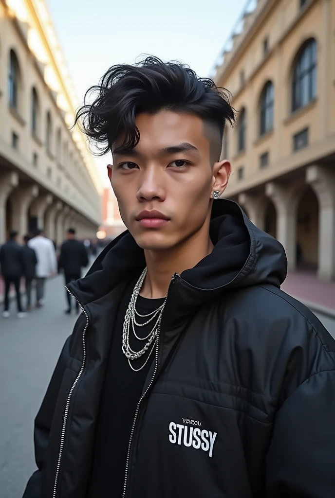 ((highest quality, 8K, masterpiece: 1.3)), Instagram selfie pictures、Handsome boy in street fashion:1.5, 20-year-old、Delinquent boy、 well-groomed face, random hair color、thin face、(white skin:1.5)、perfect body、(beckoning:2.0)、dark eyes、Super handsome、sexy eyes、Extra-fine face, handsome nose, small eyes and face, beautiful lighting, High resolution, detailed mouth, smile, whole body: 1.5, perfect body shape、super slim,medium hair、STUSSY clothes、silver accessories、Oversized clothes、