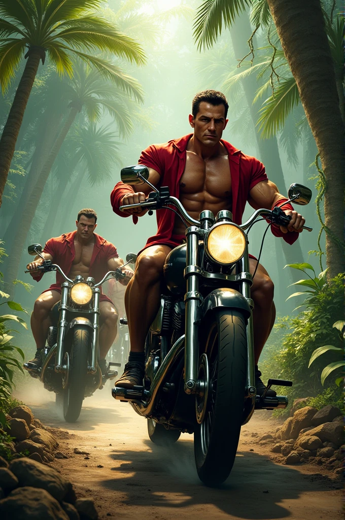 Big giant body builder men wearing unbuttoned red velvet shirt on heavy motor bike in jungle 