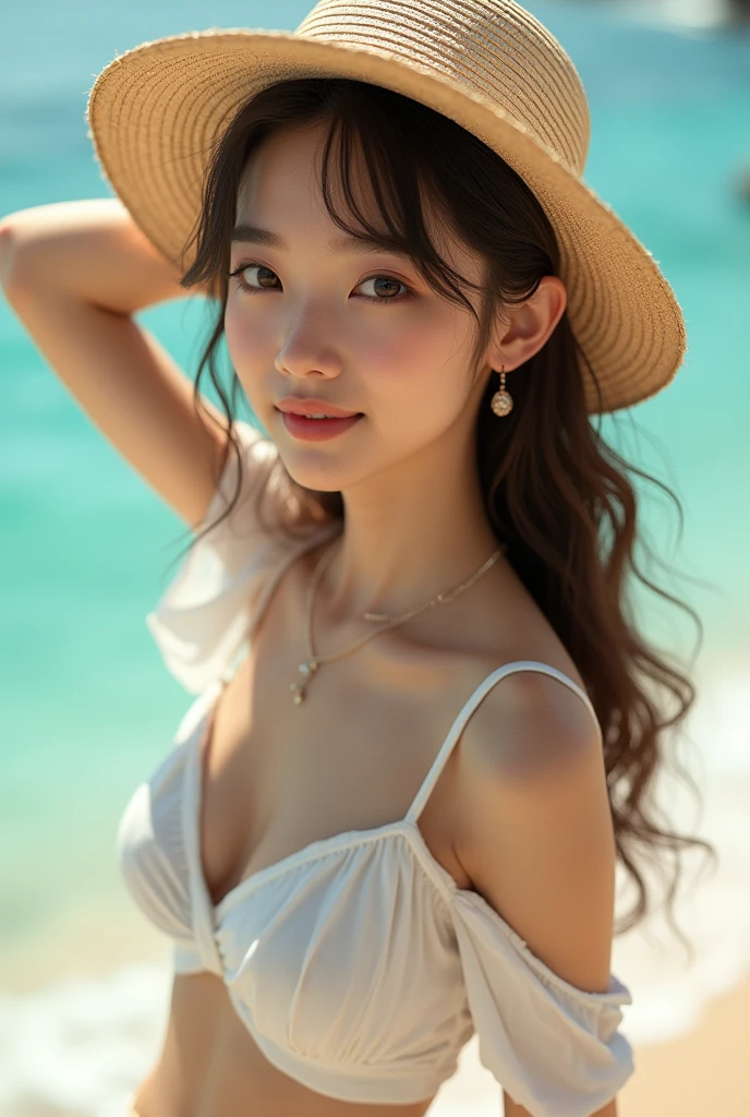 (masterpiece, 8k, best quality, RAW photo, photo realistic, ultra detailed), (insanely detailed and intricate:1.2), (beautiful Japanese girl), slender, 20yo, kawaii, cute, detailed face, detailed eyes, brown eyes, (thin eyebrow), detailed skin, (light brown hair), (wavy hair), (medium hair), blush, (small breasts), cleavage, (white cropped brause:1.4), (gray checked skirt), earrings, (necklace), bracelet, (looking at viewer:1.4), (close-up face:1.3), (seductive pose:1.2), (standing:1.2), (armpit), (arm behind head), (wistful smile), (straw hat), BREAK (overlooking turquoise sea), (sunlight), (beach), (cowboy shot)