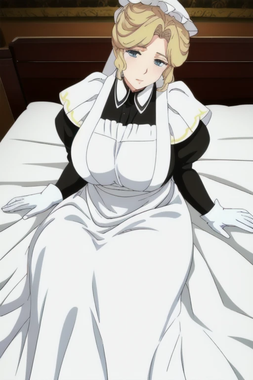 Maria_VM, huge_breasts, standing, solo, VIctorian_Maid_Uniform, masterpiece, best quality, detailed face, detailed eyes, highres, white gloves, long skirt, leaning back, posing, laying down, bed, bedroom