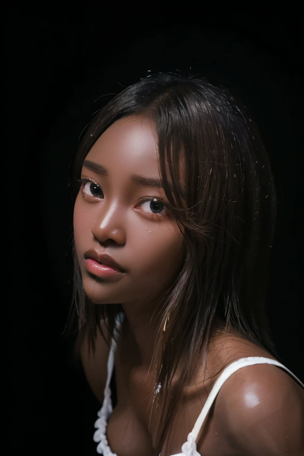 best quality, masterpiece, highres, (detailed:1.4), 1 girl, blonde hair, (dark skin:1.6), extremally thin eyebrows , thick bluish eyeshadow, thick black eyeliner, Highlighted eyes with eyeliner, false eyelashes