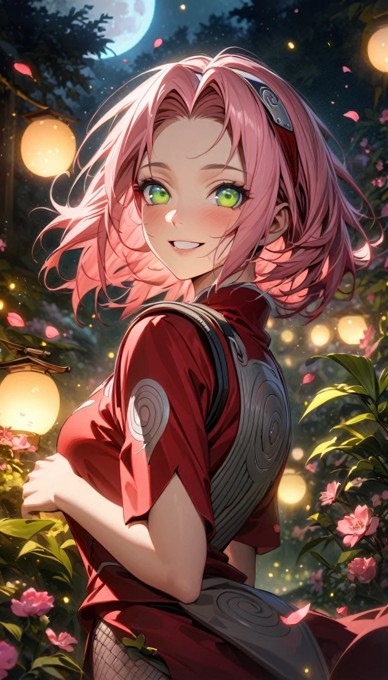 Ultra detailed, highres, absurdres, HDR, master piece, Haruno Sakura, pink short hair, expressive green eyes, Naruto Shippuden, pink flowers, petals, fireflies, moon, woman, solo, extremely beautiful, very detailed face and eyes, best quality, red clothes, smiling