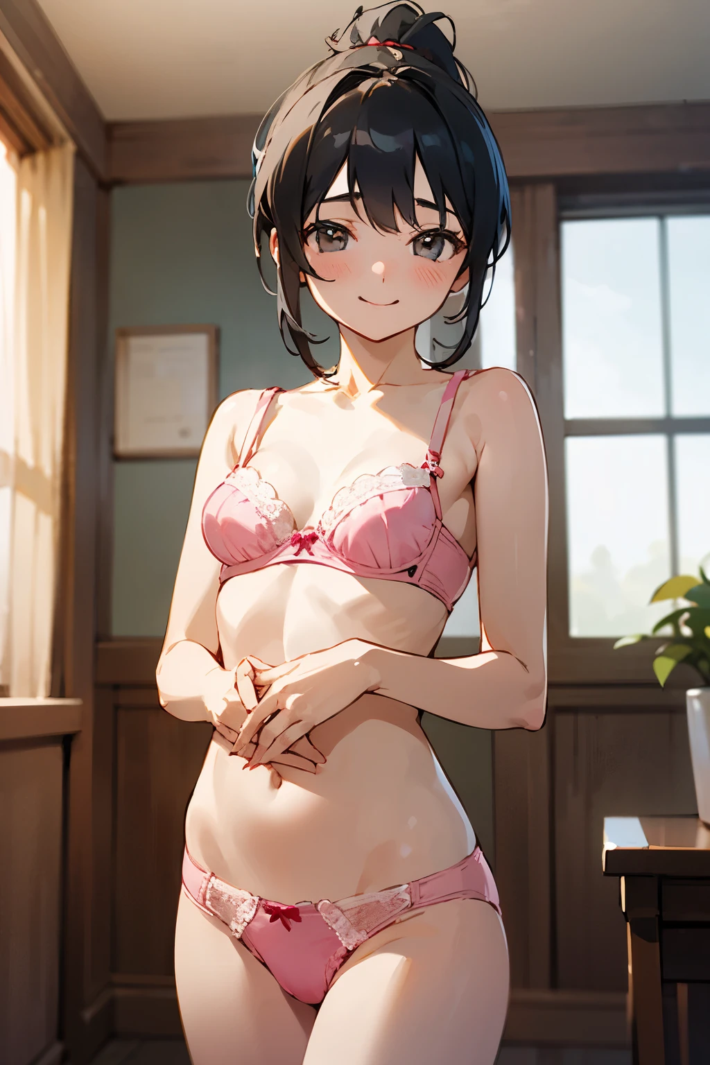 NSFW、In the best quality、age girl standing in a room。In high resolution、Beautiful details、Quiet atmosphere。Black hair ponytail、Cute Smile.。Small breasts、Cute pink bra、Wearing cute pink panties。
