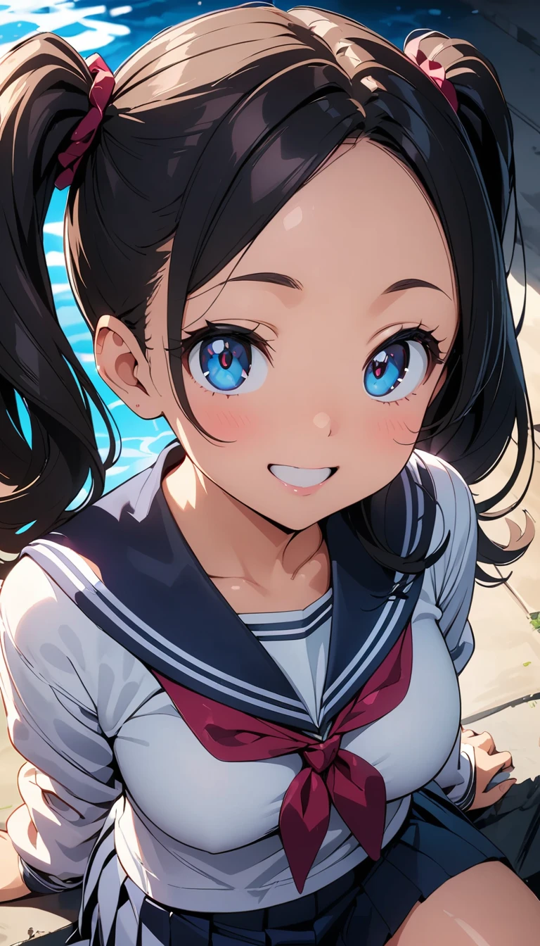 (Highest quality:1.2, 4K, 8k, Studio Anime, Very detailed, up to date, Vibrant, Attention to detail, High Contrast, masterpiece:1.2, Highest quality, Best aesthetics), (((1 person))), Sit and pose, JK, Sailor suit, Pleated skirt, loose socks, loafers, Open your mouth a little:1.2, smile, Dynamic Angle, look up:1.3, Friendly atmosphere, Beautiful black hair, Twin tails、Shiny Hair, Beautiful Skin, Detailed face and eyes, Glossy Lips, Curvy Women, Striking contrast,Pink checked panties