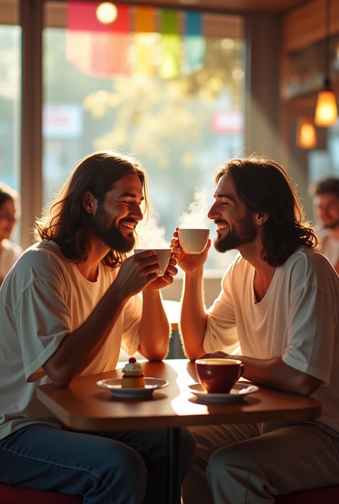 Buddha and Jesus Christ drinking coffee in a cafe. They smile happily with wise and benevolent faces. They have teacups in their hands. They are wearing white T-shirts and jeans. There is a cake on a plate on the table. Surrounded by rainbow-colored light. Jesus of Nazareth is depicted as a gentle, gentle man with shoulder-length hair. His wavy brown hair cascades over his shoulders. His face conveys deep wisdom and empathy, radiating warmth and understanding. Buddha is a Japanese man. He is depicted as a kind-hearted Japanese man with spiral hair and no beard, and a calm and cheerful expression. The earlobes are long and have rounded tips. The Buddha's face conveys deep human wisdom and empathy, exuding warmth and understanding. Steam is rising from the coffee. In the background, you can see the inside of a large cafe and people having fun. Photography, close-up, highly detailed, trending at the art station, sharp focus, studio shot, intricate details, Greg Rutkowski,