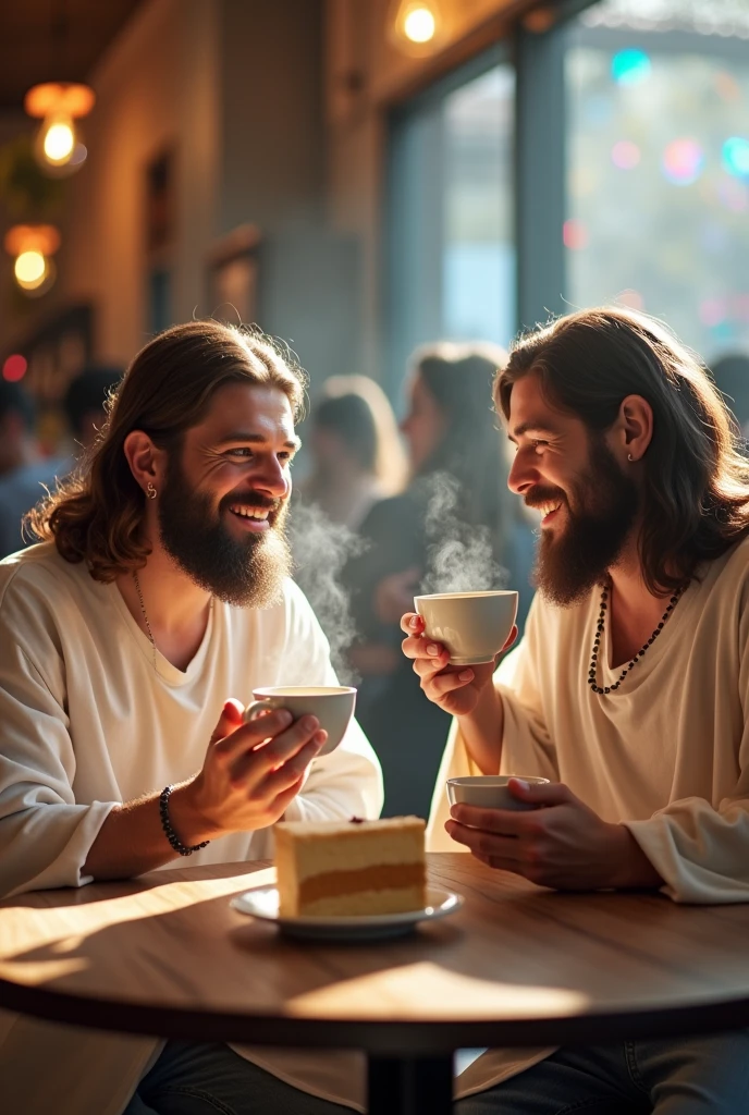Buddha and Jesus Christ drinking coffee in a cafe. They smile happily with wise and benevolent faces. They have teacups in their hands. They are wearing white T-shirts and jeans. There is a cake on a plate on the table. Surrounded by rainbow-colored light. Jesus of Nazareth is depicted as a gentle, gentle man with shoulder-length hair. His wavy brown hair cascades over his shoulders. His face conveys deep wisdom and empathy, radiating warmth and understanding. Buddha is a Japanese man. He is depicted as a kind-hearted Japanese man with spiral hair and no beard, and a calm and cheerful expression. The earlobes are long and have rounded tips. The Buddha's face conveys deep human wisdom and empathy, exuding warmth and understanding. Steam is rising from the coffee. In the background, you can see the inside of a large cafe and people having fun. Photography, close-up, highly detailed, trending at the art station, sharp focus, studio shot, intricate details, Greg Rutkowski,