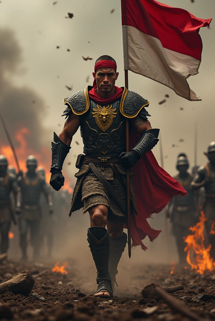 Details of the height of handsome Indonesian people. He wore black Javanese armor with gold and yellow decoration and a garuda head symbol in the middle of his chest and the words "bojes sambas". The headband is red and white. Black and gold belt. There are detailed carvings on all the clothes. He charged forward while carrying a flag (red and white). Dark Burning Warzone atmosphere, UHDR smoke, Super Realist