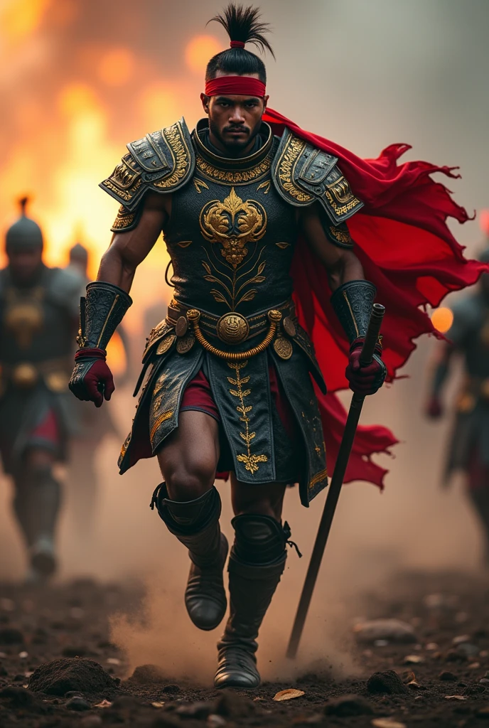 Details of the height of handsome Indonesian people. He wore black Javanese armor with gold and yellow decoration and a garuda head symbol in the middle of his chest and the words "bojes sambas". The headband is red and white. Black and gold belt. There are detailed carvings on all the clothes. He charged forward while carrying a flag (red and white). Dark Burning Warzone atmosphere, UHDR smoke, Super Realist