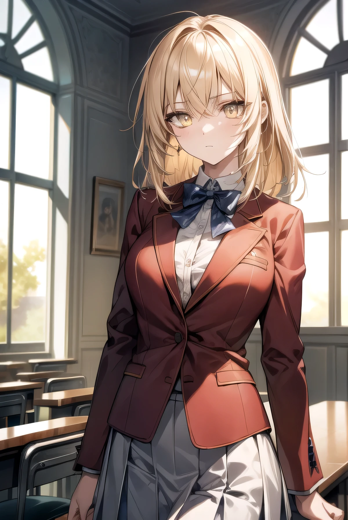 Messy hair, medium length blonde hair, (yellow eyes:1.3),
BREAK bow, school uniform, jacket, bowtie, blue bowtie, blazer, (red blazer:1.5), skirt, white skirt,
BREAK indoors, classroom,
BREAK thinking, looking at viewer, (cowboy shot:1.5),
BREAK (masterpiece:1.2), best quality, high resolution, unity 8k wallpaper, (illustration:0.8), (beautiful detailed eyes:1.6), extremely detailed face, perfect lighting, extremely detailed CG, (perfect hands, perfect anatomy), cool posture, lighting from the windows