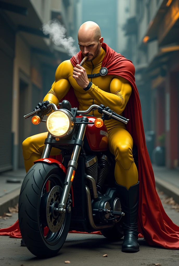 Saitama in his realistic hero costume smoking a cigar on a motorcycle