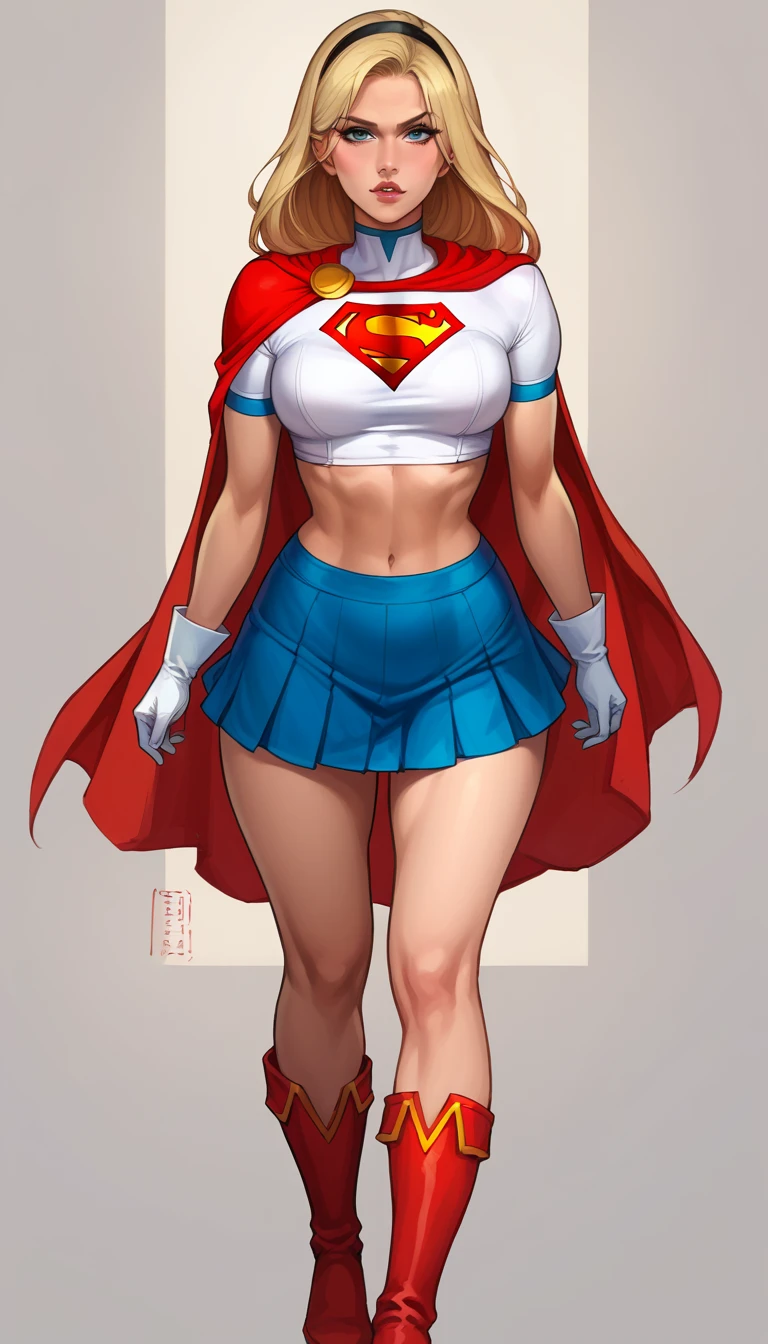 score_9, score_8_up, score_7_up, source_cartoon, BREAK 1girl, solo, Supergirl \(DC Animated Universe\), (long blonde hair:1.2), (black hairband:1.2), (white crop top, short sleeves:1.2), (short red cape:1.2), (short tight blue stretch skirt:1.2), (white gloves:1.2), (red boots:1.2), looking at viewer, parted lips, mature woman, hot, in her bedroom, model poses.
