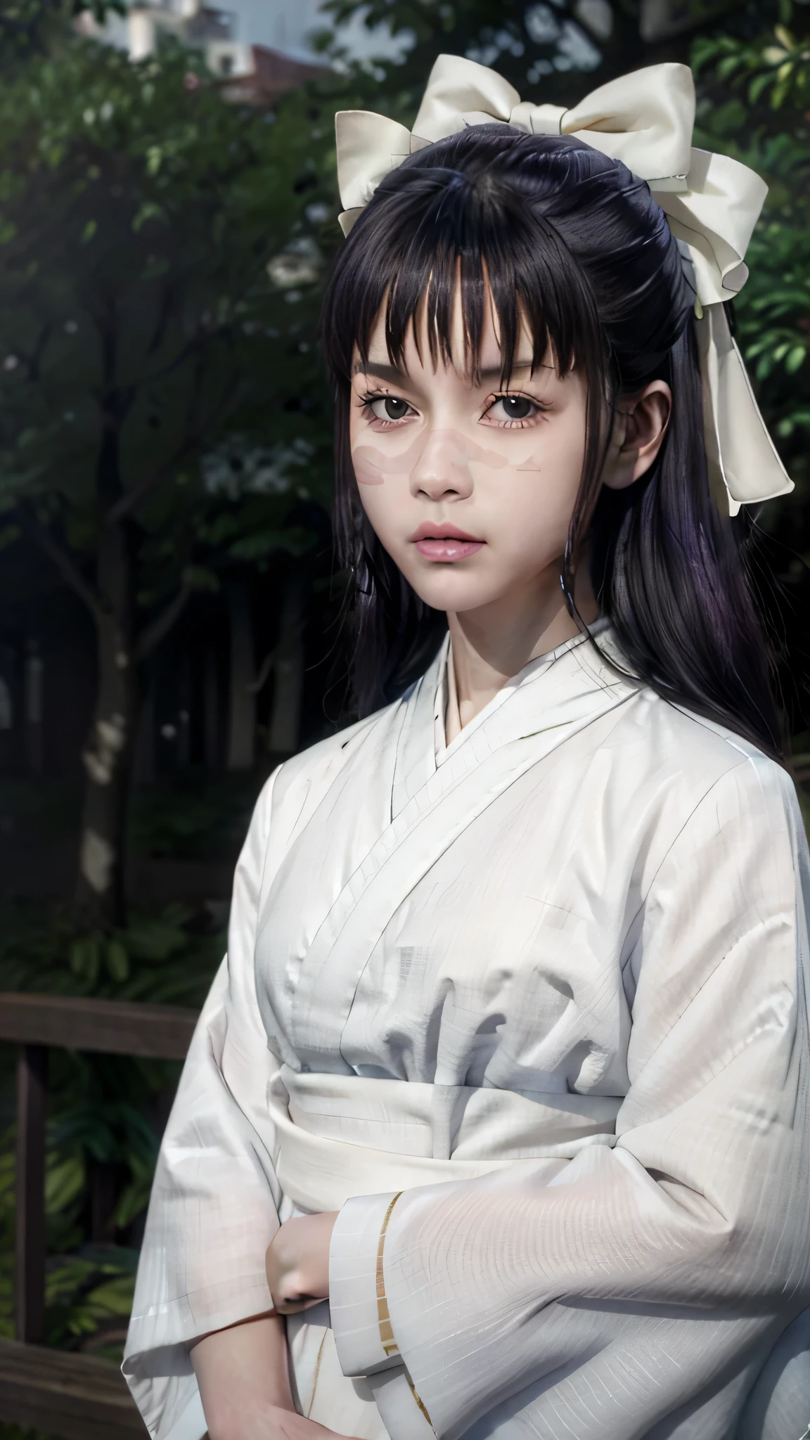 (expensive body, expensive, Long legs, mature female, mature, Adult:1.2), The eff_wait_Utahime, One person, alone, Brown eyes, kimono, View your viewers, Open your mouth, Long Hair, scar, bow, Outdoor, white bow, wood, Parody, scar on face, hair bow, kimono, white kimono, bangs, Upper Body, Purple Hair、Shrine maiden