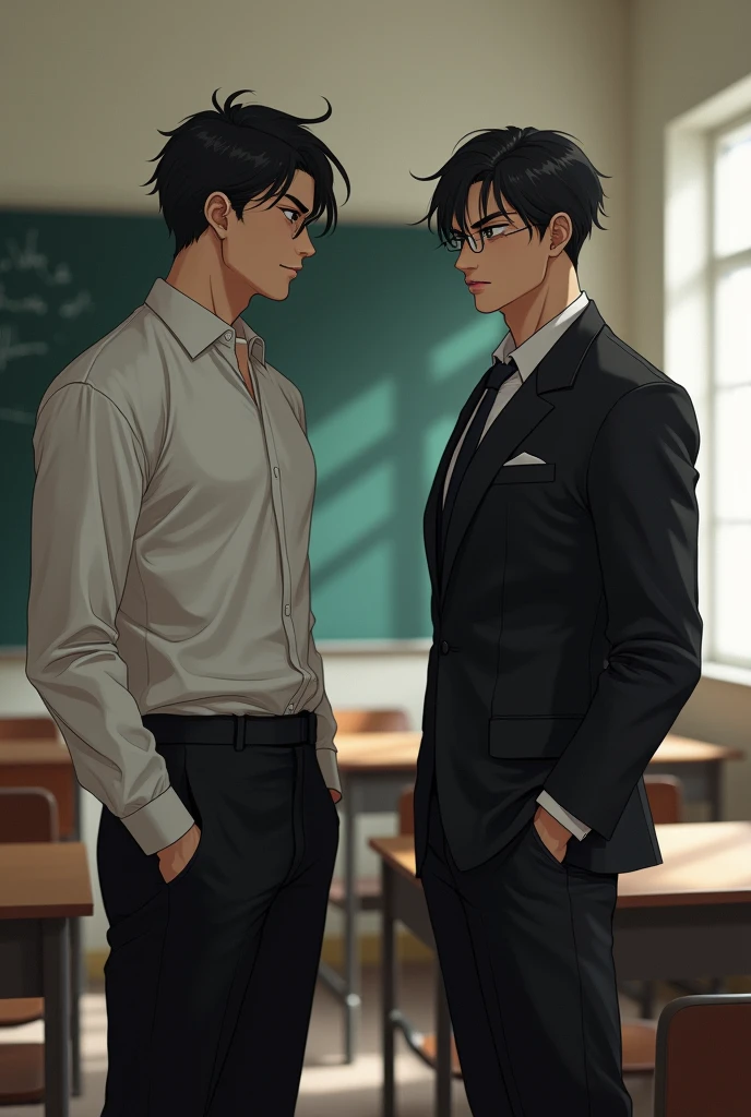 in the background a classroom, Two boys, a more muscular one in black, with white skin , and the other more effeminate with lipstick, more quietly