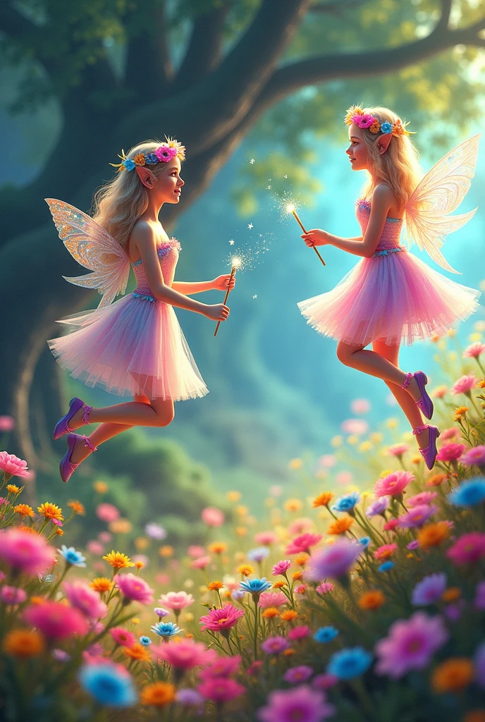vibrant and enchanted fairy tale design. field very full of colorful flowers. large old trees in the background. very small and distant thin women appear floating in the sky, They have elf ears and colorful hair with a flower crown, holographic wings, dress of different colors, ballerina slippers with ribbon on the leg, radiate magical light, hold wands in their hands and sprinkle magical, glittering dust on the flowers