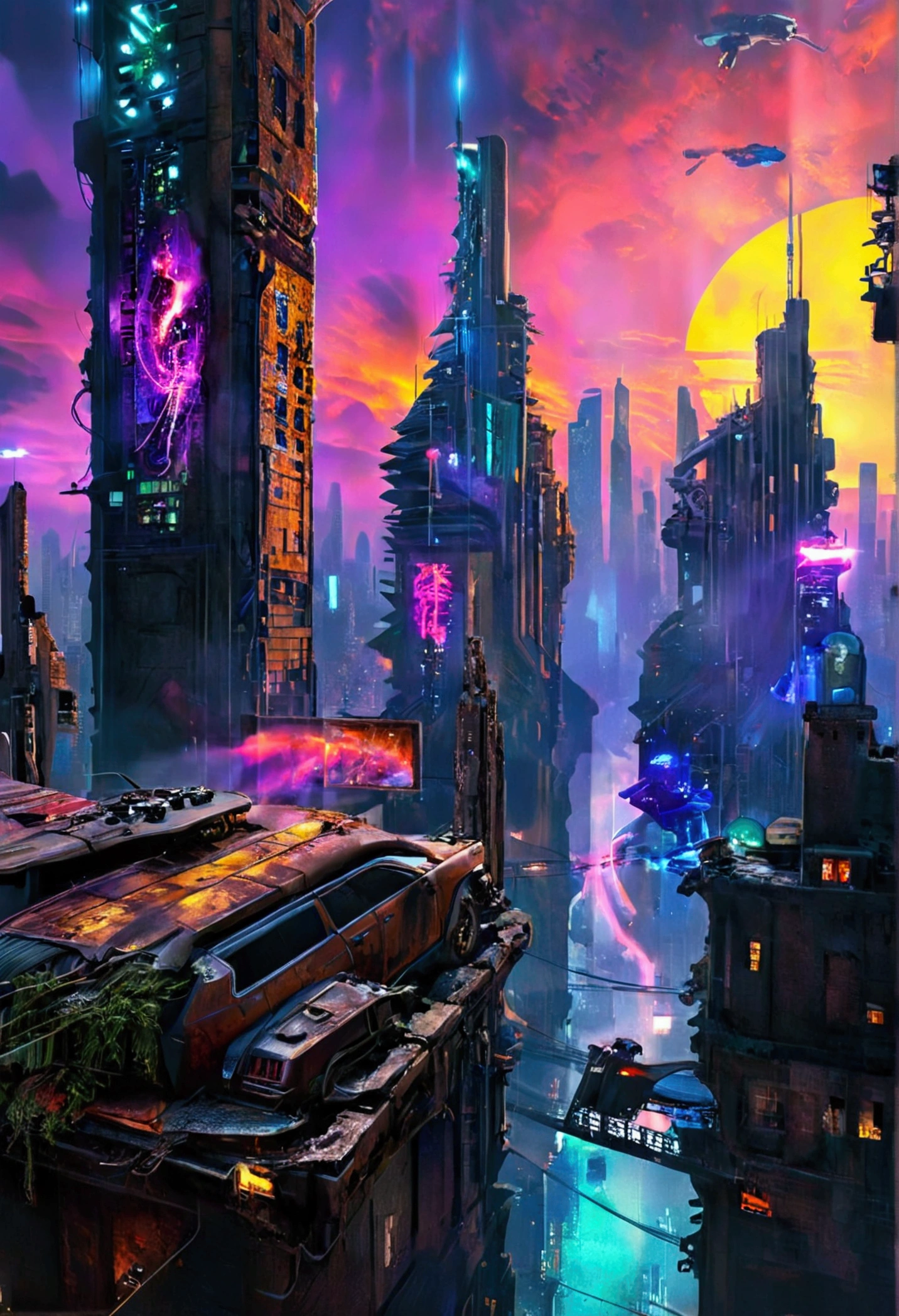 Maximum quality, urban landscape, sky line, futuristic city in ruins, outfit, surrealism, cyber punk, hyper realism, photo realism, Blade Runner, spinner vehicle, drones, exposed wiring, advertising, Holograms, metropolis.