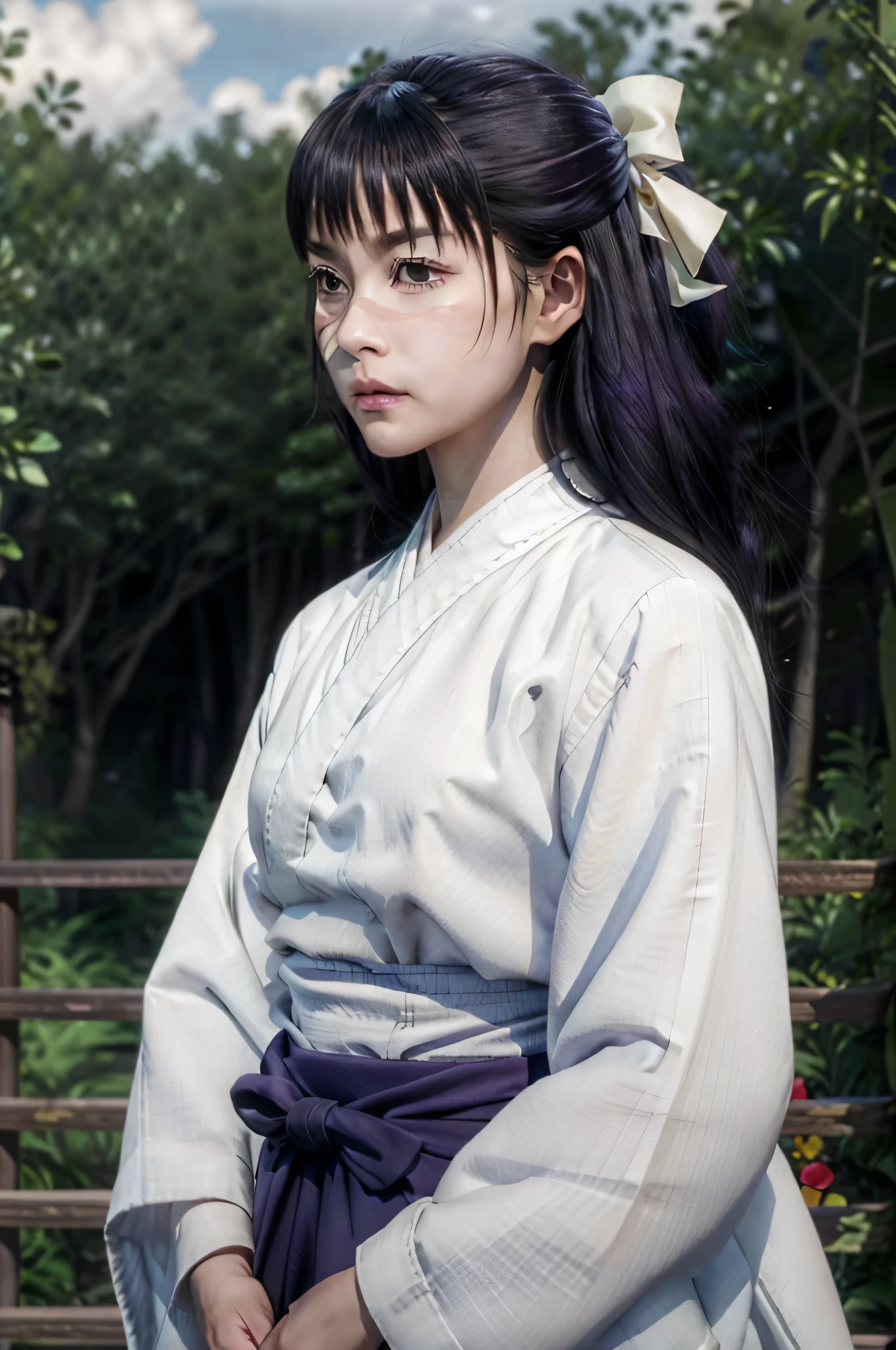(expensive body, expensive, Long legs, mature female, mature, Adult:1.2), The eff_wait_Utahime, One person, alone, Brown eyes, kimono, View your viewers, Open your mouth, Long Hair, scar, bow, Outdoor, white bow, wood, Parody, scar on face, hair bow, kimono, white kimono, bangs, Upper Body, Purple Hair、Shrine maiden