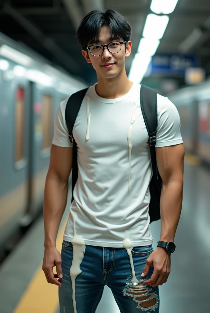 HD quality, high definition, a male college student 20 years old handsome, muscular and slim, red lips, leaning against wall inside campus, ((exposed vagina)) , wearing open unbottoned longsleeves polo, model with bracelets, earrings, with eye glasses, fully nude and naked body, smirk, side view, wearing shoes, sexy and seductive, summer ((exposed Vagina)), ((carrying backpack), full body view, angry eyebrowse, sunlight