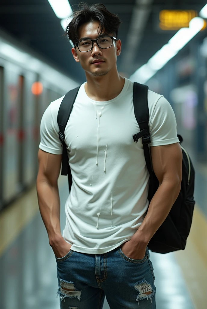 Korean gentleman,super big breasts ,clean shave,wearing shirt, open chest shirt, showing off body, toned abs and full chest,pants are down,show off panty waistband,on the crowded subway,groped,breast squeezed,molested,Handsome ,wear glasses, sexy , Masculine and handsome,musculous,Muscles look good,,, Full body photo,(ultra-detailed, photorealistic, best quality, 4k, 8k, highres, masterpiece:1.3),charming and distinguished , (muscular build body), ,sweat,, lewd face ,tight chest, sex,, erotic, horny, , Accessories include a luxury wristwatch,looking at viewer,muscle veins,six pack,hyper-realistic,