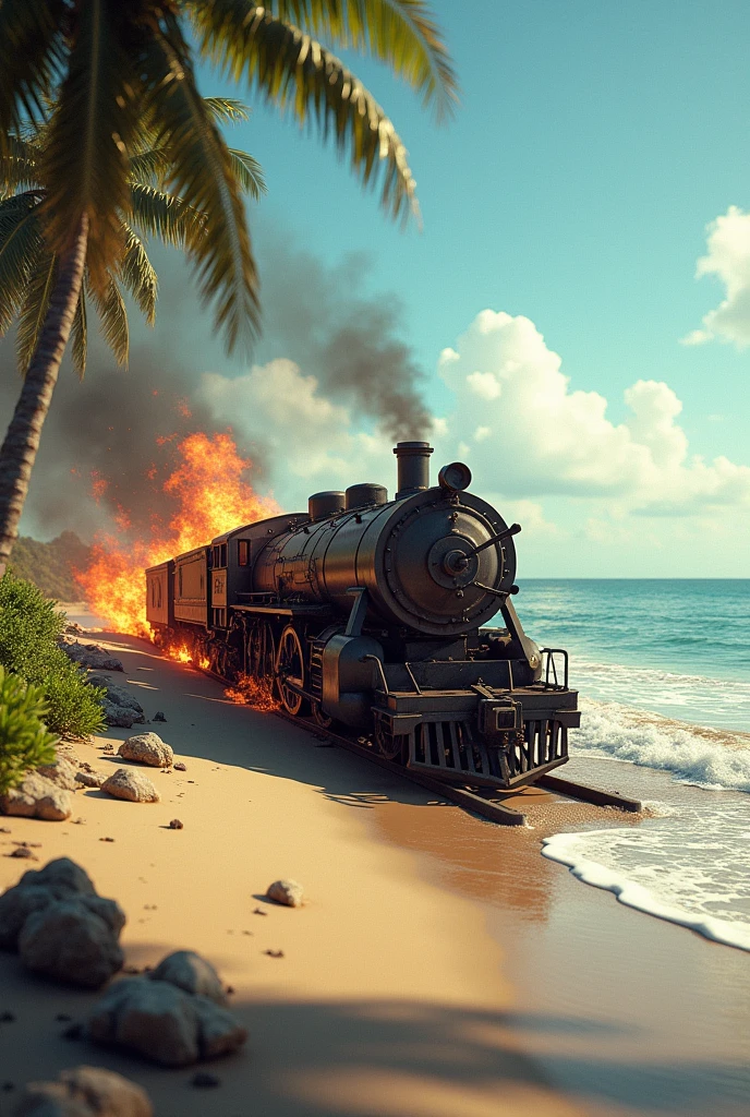 (Photo realism) vapor train, crashed on tropical beach, on fire, outdoors, soft lighting, sea in background, realistic, intricate details, cold colors