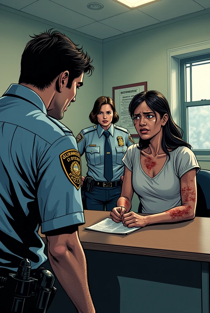 Make a comic book style drawing of a woman who is being assaulted by her husband at the police station talking to a female police officer reporting her husband