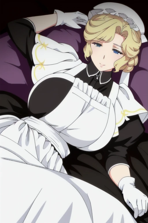 Maria_VM, huge_breasts, standing, solo, VIctorian_Maid_Uniform, masterpiece, best quality, detailed face, detailed eyes, highres, from below, white gloves, long skirt, leaning back, posing, laying down, bed, bedroom 