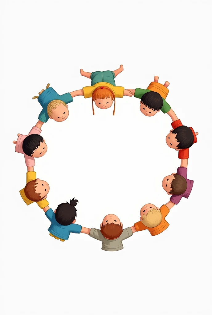 a children's circle with only boys a drawing with only colored outlines, without realistic features. with pastel colored clothes. at an angle seen from above. and a more open circle, with space for text in the circle with white background