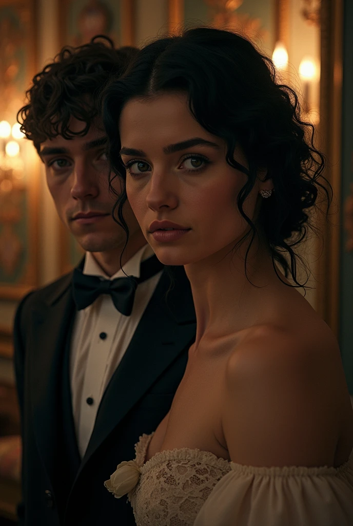 A young man with black hair and white skin hiding from a young white woman with curly black hair who is looking for him. Set in 1800 and the two rich men
