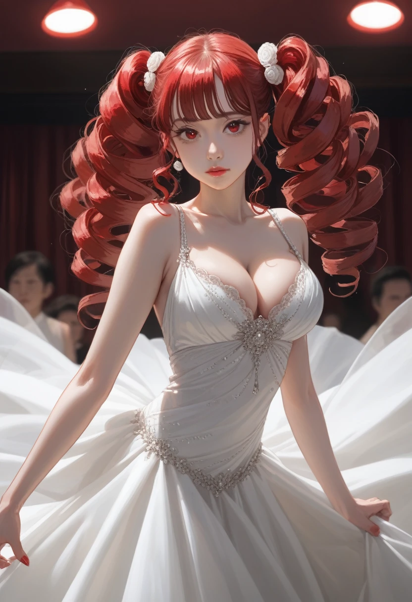 girl, solo, long hair, side top twin tails, red curly hair, bangs, slim body, very large breasts, ball shaped breasts, red pupils, cleavage, red eyes, red glowing contact lenses, hair between the eyes, very long hair, red hair, solo focus, lips, drill curls, Japanese with a kind face, five fingers, reality, ballroom dancing