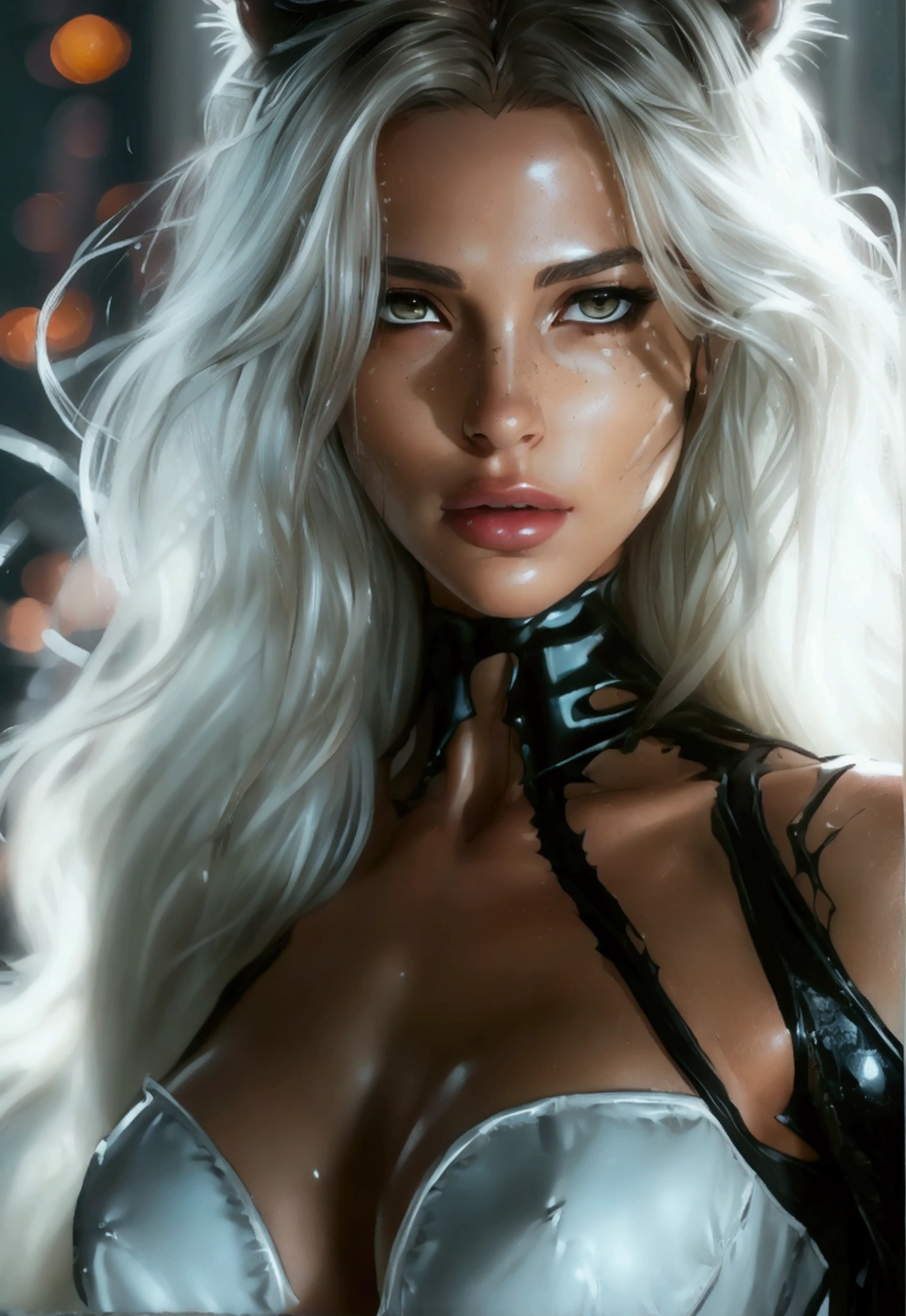 (((((Sara PEZZINI, from the Witchblade comics)))) ,beautiful face,protruding breasts,white long hair,detailed fur texture,sharp focus,piercing eyes,intense gaze,,elegant posture,mysterious aura,high contrast,soft shadows,vibrant colors,artistic rendering,realistic painting style,nighttime scenery,moonlight illumination,sleek physique,graceful movements,curved tail,intense expression,hidden secrets,mesmerizing presence,attention to details,photorealistic details,subtle highlights,darker tones,alluring beauty, HDR, Realism, Realistic, 32k, Erotic, XXX, nsfw