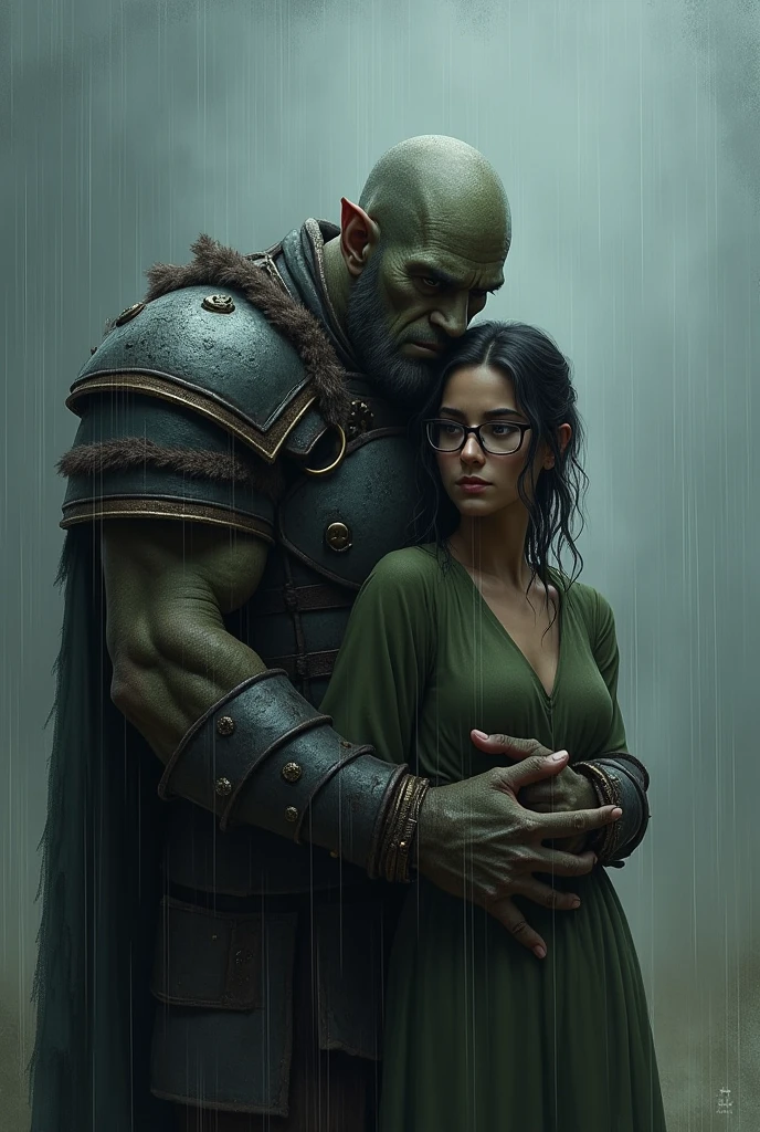 War Orc getting married with a sad face girl with glasses on a rainy day
