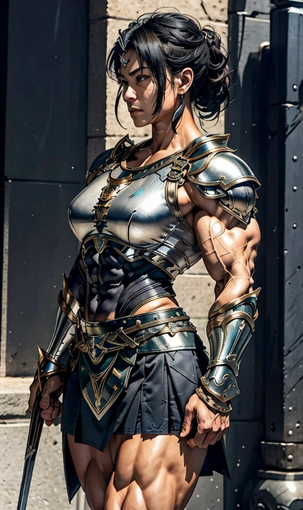 Highest quality、4K8K、One female、((Full body image))、((A woman with a massive muscular physique))、55-year-old woman、Valkyrie General、Height: 250cm、Weight: 190g、Medieval metal armor、Ornately decorated ceremonial armor、((Metal armor with lots of exposed skin))、Metal Boots、Stiletto boots、With a huge long sword、(No sleeve)、((Metallic ultra-mini skirt))、Male bodybuilder with large physique、Gigantess、bulging muscles、Protruding veins、Thick and strong neck、Developed trapezius muscles、Six-pack、Male bodybuilder chest、((Strong muscular thighs))、bulging calf muscles、Model standing、The Queen's Appearance、A Majestic General、Possesses incredible strength、Black-haired chignon、Valkyrie Hair Ornament、A lot of sweat oozing out
