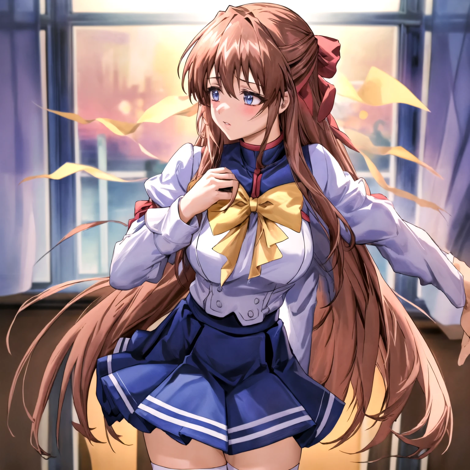 masterpiece,, alone, Yuuki Asuna, ((masterpiece)), High resolution、((A man rubs her chest from behind))、(In the school classroom)、 (school uniform, Long sleeve, bow tie, Blue Skirt, White knee socks) , Hair Ribbon, blush, Lips parted, liar, Symmetrical bangs, Perfect Proportions, Skin with attention to detail, cute, Detailed face, (Cowboy Shot, Dynamic Angle:1.2), (Accurate fingertips, Browse 4, Thumb 1),