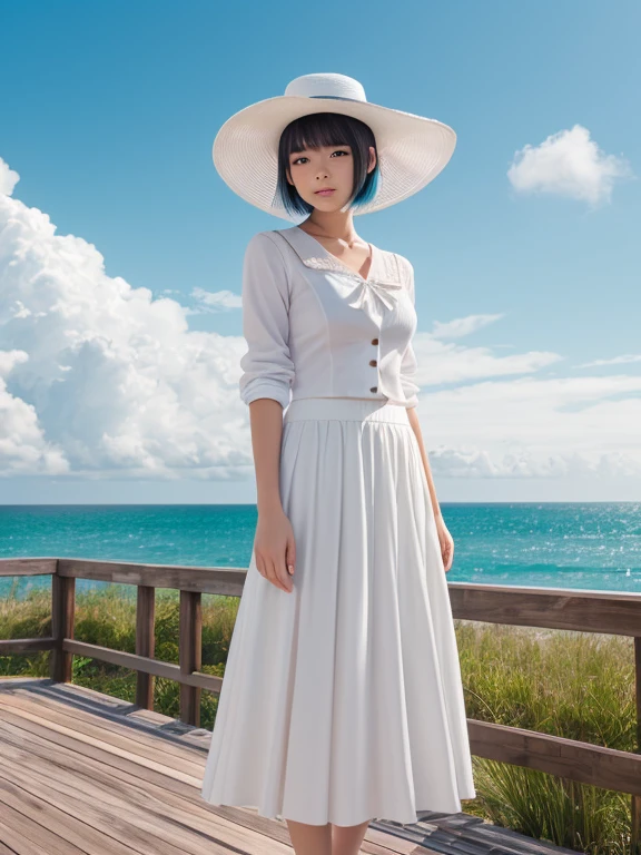 Pastel tones、High definition、Anime-like、The ocean can be seen beyond the gentle hills、High and blue sky、A shining white cumulonimbus cloud、Boardwalk、A young lady with silver hair, a half-green outfit, a long skirt and a cardigan, wearing a wide-brimmed white hat、A maid in classical maid outfit wearing a bonnet