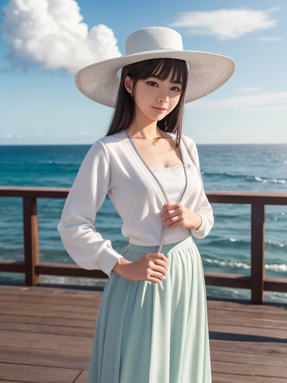 Pastel tones、High definition、Anime-like、The ocean can be seen beyond the gentle hills、High and blue sky、A shining white cumulonimbus cloud、Boardwalk、A young lady with silver hair, a half-green outfit, a long skirt and a cardigan, wearing a wide-brimmed white hat、A maid in classical maid outfit wearing a bonnet