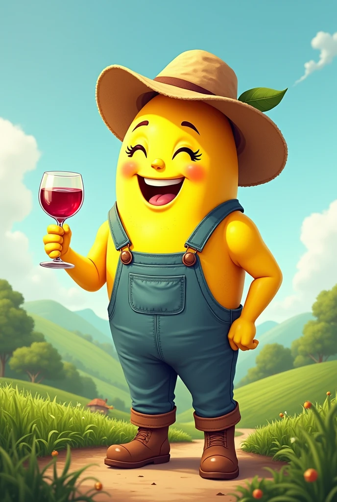 A cartoon lemon dressed as a farmer and holding a glass of wine