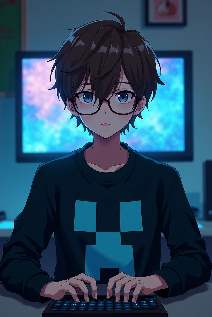 Serious and mysterious anime gamer boy, not so cute with headphones and brown hair, that his black Minecraft-themed sweater with a light blue and blue gradient and glasses on a PC Gamer 