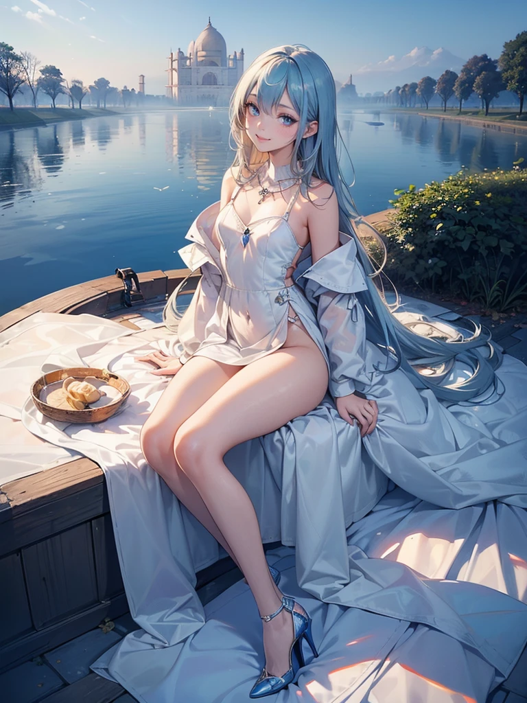 ((Biologically correct limb count)),(( From head to toe,Full-body photo including face)),4K,masterpiece,((Focus on the face)),((Symmetrical facial features)),Eyes with detailed description,Beautiful woman,Great style,Beautiful arms,Beautiful legs,Beautiful Hands,(Small Ass,Thin thighs),Detailed depiction of the face,Small earrings,necklace,(Will school uniform,dress((High heels))),((early morning)),(((blue blonde))),Realistic photo,Looking up,smile,((In front of the Taj Mahal,Panty shot)),Nobody is here,(Thick Fog)