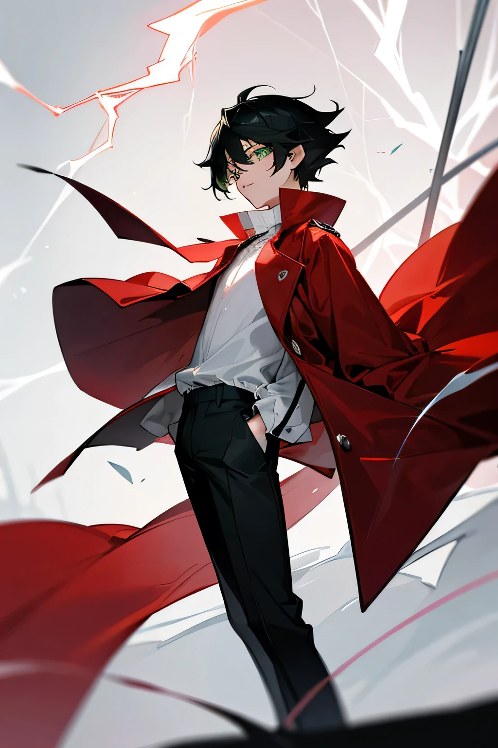 boy, , an aristocrat, 17 years, black hair, green eyes, thin, short stature, White shirt, red raincoat, high collar, black pants, lightning wizard