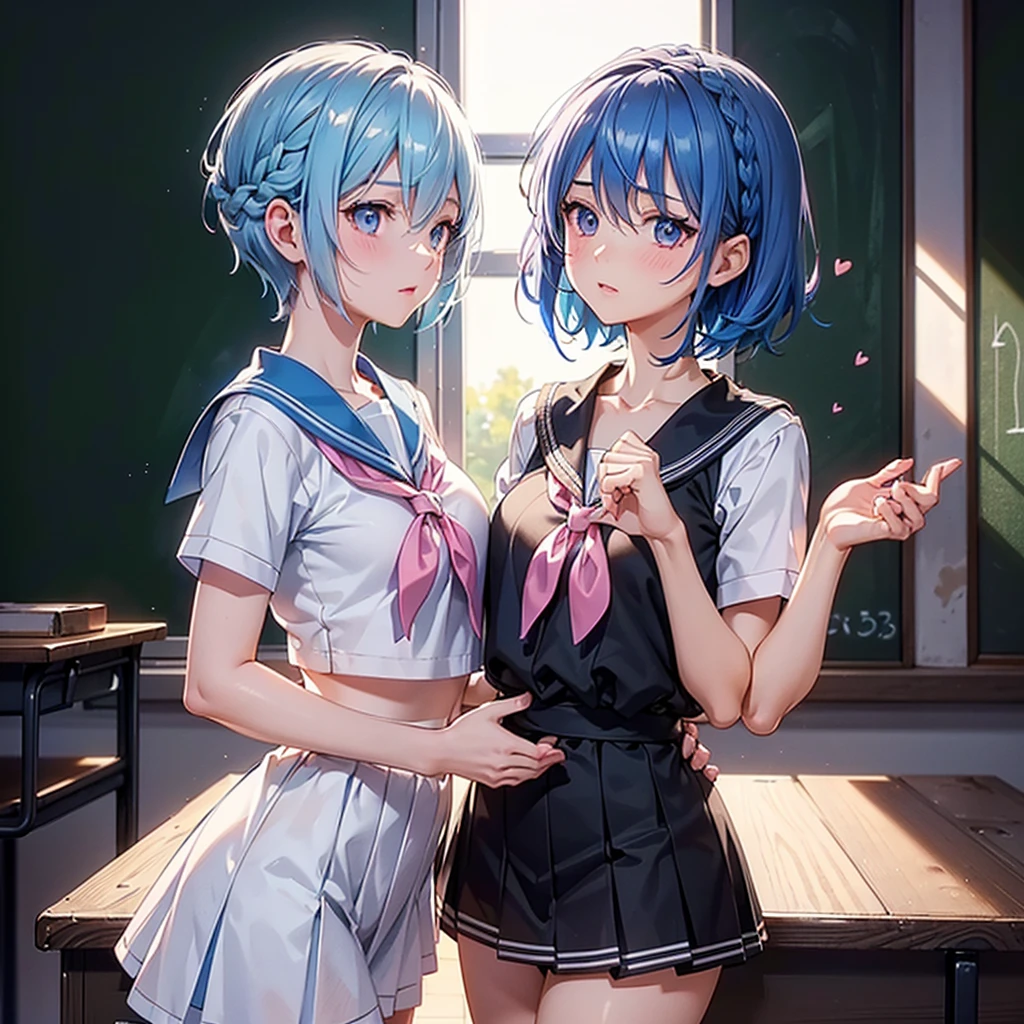 Sky blue hair,Braided short hair,Pink Eyes,Fair skin,whole body,one person,Embarrassed,The background is a school classroom,((I love you lettering on a blackboard)),(Heart-shaped chocolate),(Hand it forward with both hands),Sailor suit,valentineday,masterpiece, Highest quality, Very detailed, Best Shadow,Detailed Background,Beautifully detailed face,High Contrast,Best lighting,Very delicate and beautiful,Cinematic Light,Hyper Detail,8k,Dramatic Light, Intricate details,