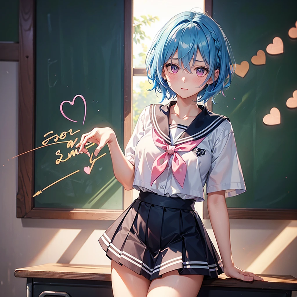 Sky blue hair,Braided short hair,Pink Eyes,Fair skin,whole body,one person,Embarrassed,The background is a school classroom,((I love you lettering on a blackboard)),(Heart-shaped chocolate),(Hand it forward with both hands),Sailor suit,valentineday,masterpiece, Highest quality, Very detailed, Best Shadow,Detailed Background,Beautifully detailed face,High Contrast,Best lighting,Very delicate and beautiful,Cinematic Light,Hyper Detail,8k,Dramatic Light, Intricate details,
