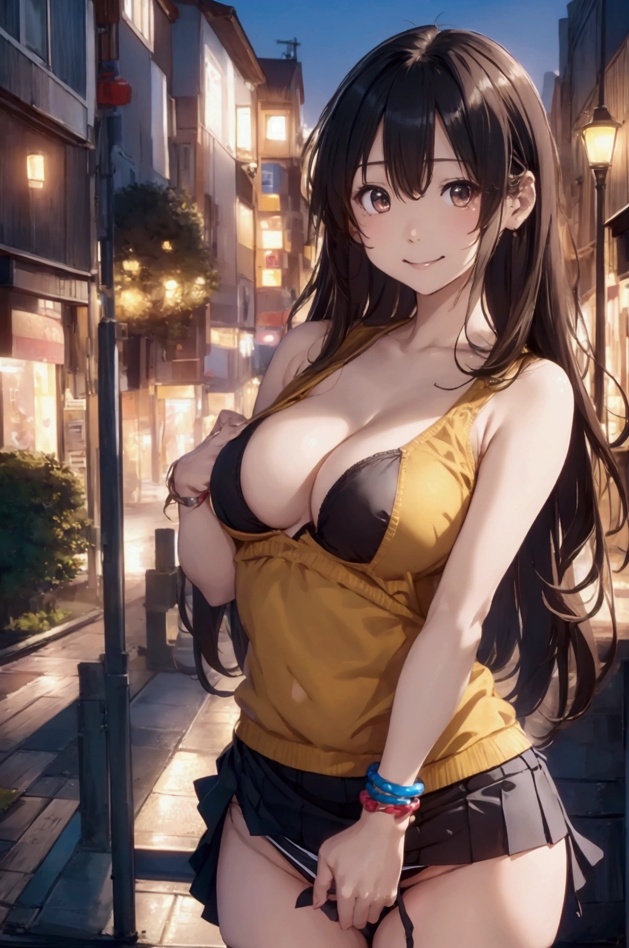 8k, Highest quality, masterpiece, Realistic, Very detailed, photo Realistic, Improvement of quality, Hmph:1.2,City park in the evening、on the asphalt、32K、Best image quality、Ochre sleeveless knit dress、Cheap feeling、very good、panties、Bodyline:1.3 is clear、、((Browsing Caution:1,.))、smile、(Bob Hair)、Medium bodied:1.3、Ample breasts:1.3、height: 157cm,Japanese people of unparalleled beauty、Beautiful Face、High heels、Bracelet in right hand、((Aya Ueto:1.3))、((Pulling on panties)),((Skirt flip,No pants))、