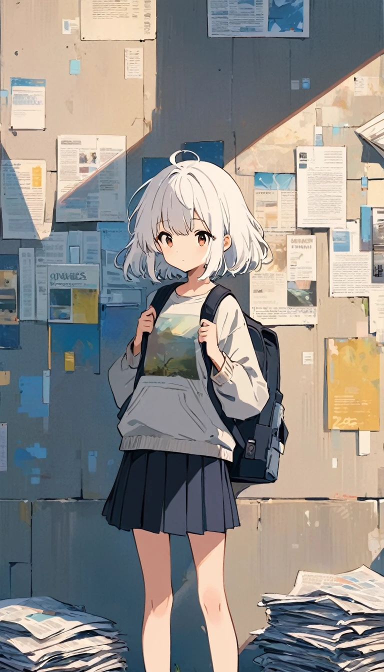 anime character with white hair and a backpack standing in front of a wall of newspapers, artwork in the style of guweiz, guweiz, anime art wallpaper 8 k, anime art wallpaper 4k, anime art wallpaper 4 k, best anime 4k konachan wallpaper, guweiz masterpiece, 4 k manga wallpaper, anime aesthetic, anime wallpaper 4k