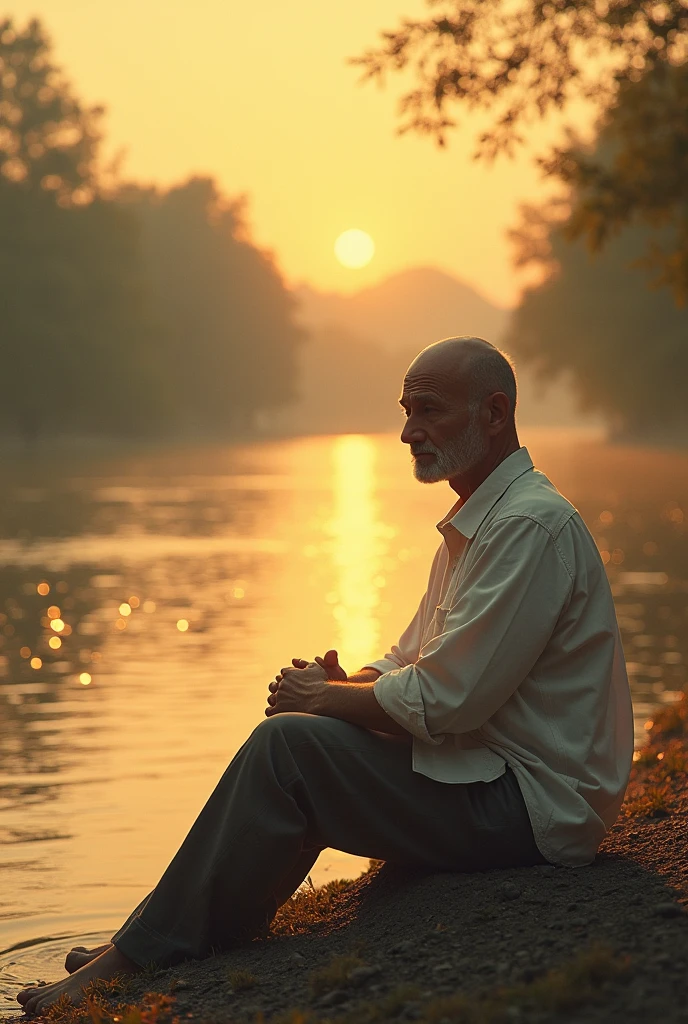 a man sitting at the edge of a river, bald hair wearing a white shirt, hot sunlight, in the sadness of hopeful gaze