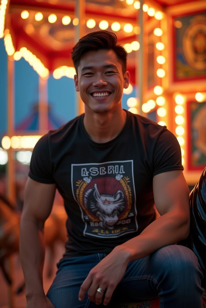 photorealistic, best quality, masterpiece, extremely detailed, sexy, homoerotic, extremely handsome, youthful good looks, 25 year old vietnamese man, very muscular bodybuilder, fitted graphic print tshirt, tight jeans, big smile, happy, sitting on carousel horse merrygoround, at funfair carnival, at midnight, front view, ambient lighting, dramatic shadows, extremely romantic atmosphere, perfect face, perfect fingers, perfect hands, perfection