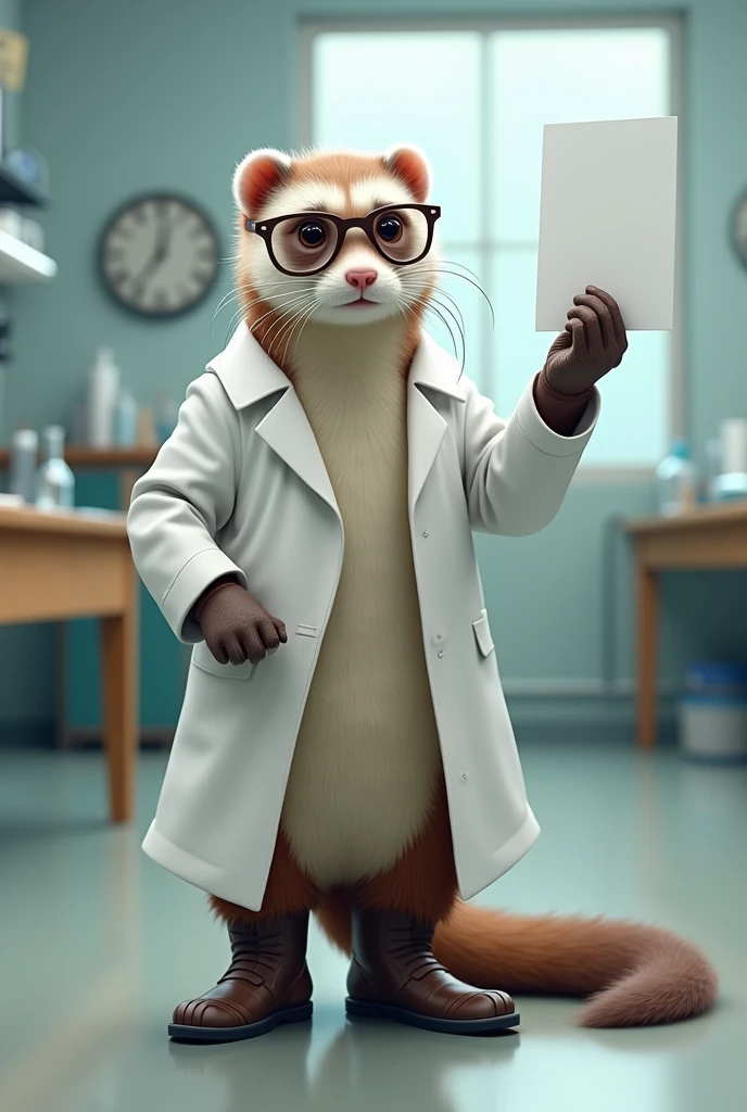 Ferret in white coat, boots, lab glasses with a whiteboard indicator in his raised hand