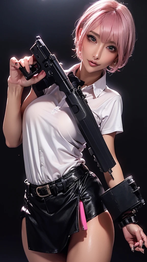 (Highest quality), Realistic, (live-action),(Short Hair,Sharp bangs)Showing off your crotch,Highest quality,Highest quality,8k images,Pink Hair,High heels,school uniform,(破れたschool uniform)Small face,((Big Breasts))Open legs and show panties,(((Holding a gun,Hold the gun you have:1.4))),